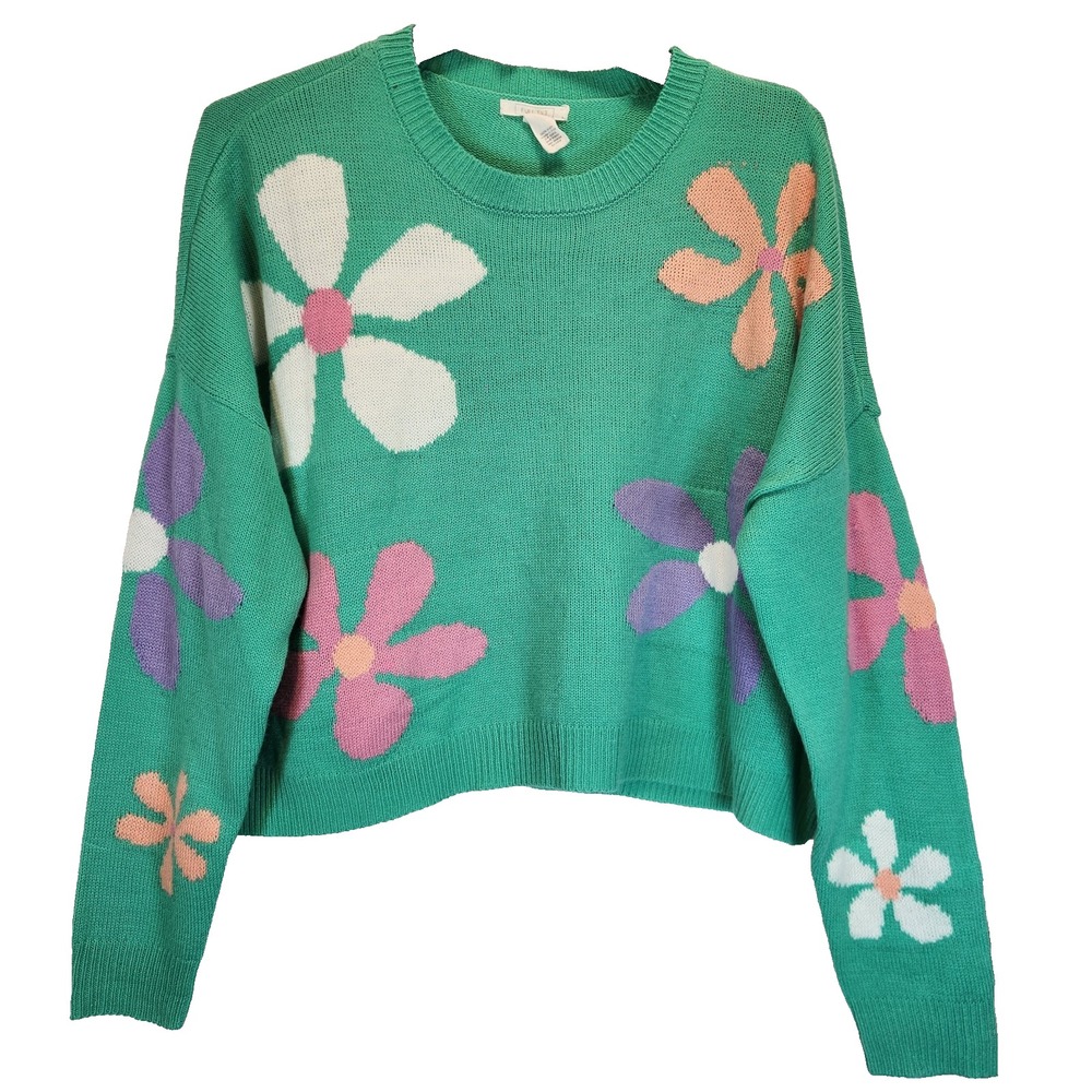 Full Tilt Cropped Flower Sweater Size Large Green Daisy Floral Knit Retro Tillys